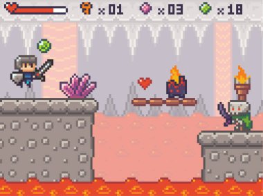 Oyun atari oyununda piksel sanat karakteri. Keskin kılıcı ve kalkanı olan adam canavar yaratıklara karşı savaşıyor, eski oyun modunda. Beton platformlu pikselli oyun sahnesi, yeraltı mağarasında lav nehri.