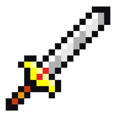 Kılıç oyunu piksel ikon vektör illüstrasyon tasarımı. Soğuk çelik kollar, kadim savunma. Şövalyenin çelik keskin bıçağı, altın saplı, minimalist pikselli, beyaz üzerine izole edilmiş.