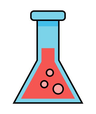 Beyaz baloncuklu karikatür laboratuvar ampulü. Kaynayan sıvıyla birlikte mataranın web simgesi. Kimyasal cam şişe sembolü. Kabaran sıvılarla dolu bir deney şişesi. Mataranın şekli