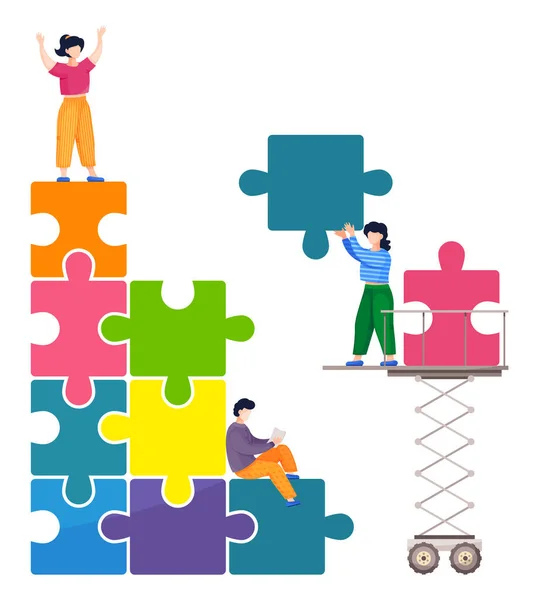 人们连接拼图元素 团队合作的商业概念 五彩斑斓的拼图金字塔 使用比喻剪子提升 人与人之间的合作与帮助 团队精神和协作的象征 平面设计 — 图库矢量图片