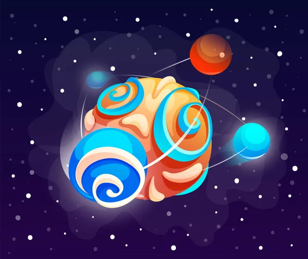 カラフルなボールを持つ惑星の漫画のアイコン 未知の惑星の要素だ 宇宙背景で孤立したカラフルな宇宙惑星 銀河やコスモスのテーマ モバイルゲーム コンピュータゲーム 神秘的な惑星のアイコン — ストックベクタ