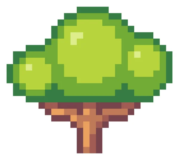 木のピクセルデザインのベクトルイラスト 白い背景にピクセルゲームの木や茂みのシンボル 葉を持つ緑の植物 ピクセル化された性質 環境オブジェクトベクトル 最小限の庭の植物デザイン — ストックベクタ