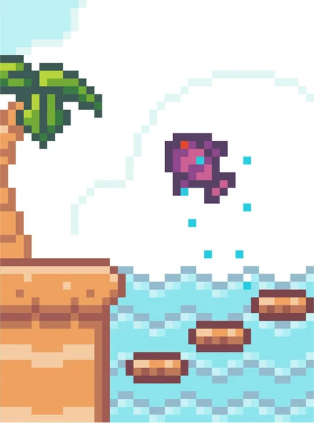 ピクセルゲームインターフェース 魚の赤い目の水から ビーチでヤシのジャンプします モバイルゲームでピクセル化モンスターNpc 水の下のプラットフォーム 8ビットゲームの世界 80年代スタイルのグラフィック 英雄のための危険性 — ストックベクタ