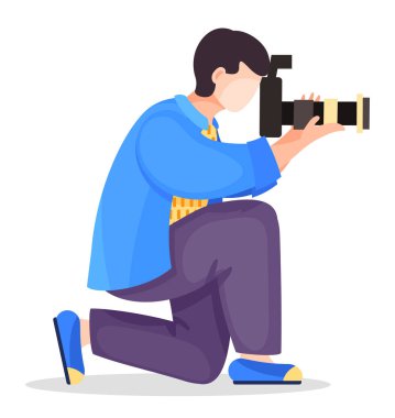 Fotoğrafçı ya da paparazziler en iyi fotoğrafı çekmek için yüksek çözünürlüklü objektifli kamerayla diz çökerler. Profesyonel ekipman kullanarak adam vurmak. Beyaz arkaplanda çizgi film karakteri