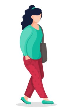 At kuyruklu, yeşil gömlekli, omuz çantalı, kırmızı pantolonlu esmer bir kadının vektör çizimi. Sıradan giysiler içinde çizgi film karakteri portresi. Beyaz arka planda izole edilmiş genç kız