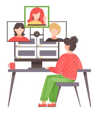 Merkez ofis için video konferans iniş sayfası. Çevrimiçi arkadaş toplantısı. Çevrimiçi webinar. İnsanlar öğretim görevlisini dinler. İnternet grup konferansı, eğitim sınavı, evden çalışma, kolay iletişim