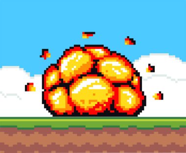 Mavi gökyüzünde bomba patlaması, yeşil çimen arka planı, piksel oyunu, bum etkisi, dinamit patlaması. Pikselleştirilmiş vektör ögesi, 8bit nesne. Mobil, bilgisayar oyunu, 80 'lerin video oyunu sembolü. Retro tasarımı
