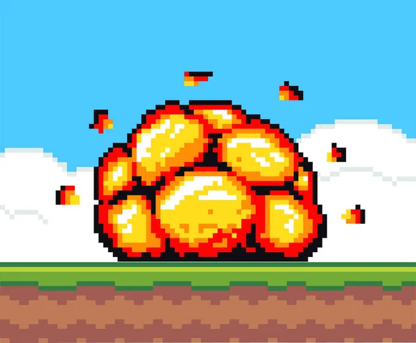 青い空と緑の草の背景で爆弾爆発 ピクセルゲーム ブーム効果 ダイナマイトバン ピクセル化されたベクトル要素 8ビットオブジェクト モバイル コンピュータゲーム 80年代のビデオゲームのためのシンボル レトロデザイン — ストックベクタ