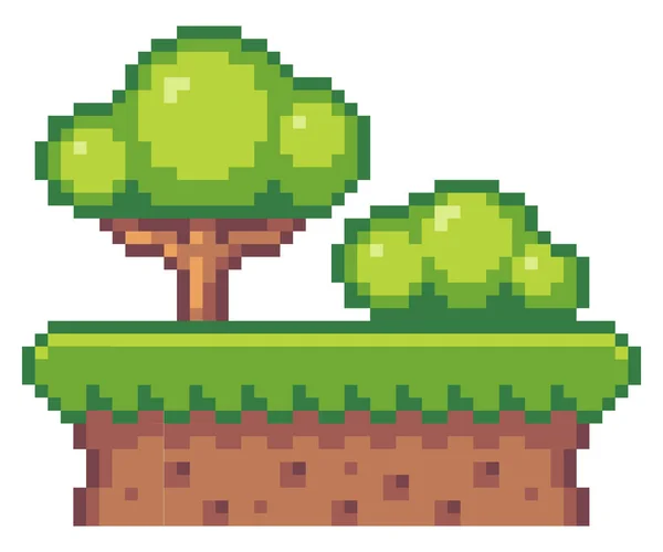 木のピクセルデザインのベクトルイラスト 白い背景にピクセルゲームの木や茂みのシンボル 緑の植物や草 ピクセル化された自然 環境オブジェクトベクトル 最小限の庭の植物デザイン — ストックベクタ