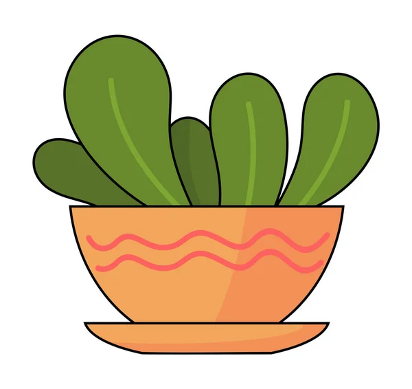 矢量图标壶与家庭植物隔离在白色背景 装饰绿色植物与短叶子在陶瓷壶与弯曲线的说明 室内植物概念 家庭绿地 — 图库矢量图片
