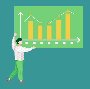 Adam ilerleme raporu sunmaya hazırlanıyor. Çizelgeler ve grafiklerle dolu büyük bir tahta tutan karakter. Erkek, görsel formda veri ve bilgilerle sunum tahtası. Diyagram ve göstergelerle sayfa