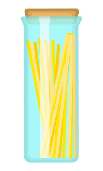 白い背景にベクトルイラストが孤立 内側にスパゲティ付きの木製カバー付きのガラス背の高い瓶 パスタや他の製品のためのコルク付きの食品キッチン収納コンテナ 漫画風のアイコン — ストックベクタ
