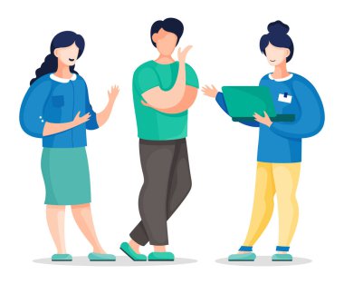 Üç vektör ofis arkadaşı dizüstü bilgisayarı ellerinde tutarak iletişim kuruyor. Kadınlar ve erkekler yeni bir iş projesini tartışıyor. Beyaz arka planda izole edilmiş iş arkadaşları konuşuyor. Ortak planlama stratejisi