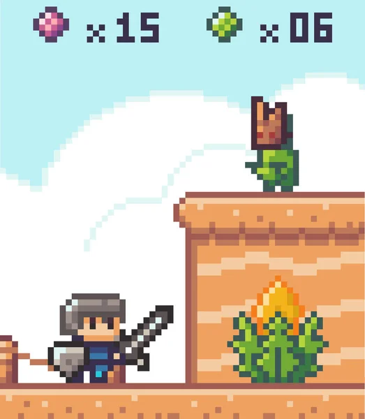 ピクセルゲームインターフェース 80年代のグラフィック モバイル8ビットゲーム ビデオゲームのヒーローや人格 上のモンスターと壁の前で剣で騎士 左6緑と15ピンクボールのためにスロー — ストックベクタ