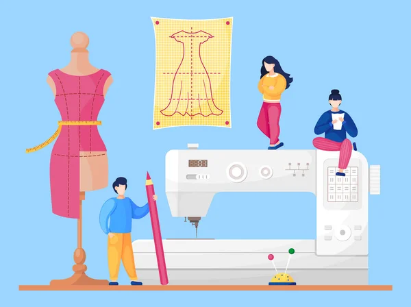 Atelier Couture Avec Des Designers Fond Machine Coudre Égouts Fonctionnant — Image vectorielle