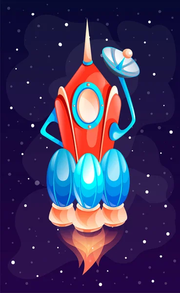 カラフルな宇宙船や宇宙でロケット コンピュータゲームのためのスペースアイコンの概念 宇宙の要素 銀河をテーマに デジタルプレートと火災で衛星 漫画風のベクトルイラスト — ストックベクタ