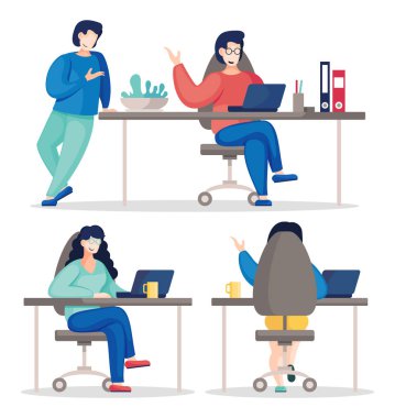 Ofiste çalışan meşgul iş adamlarının düz vektörü. İş sırasında iş arkadaşları iletişim kuruyor. İş ekibi analiz projesi ve planlama stratejisi. Takım çalışması beyin fırtınası. Ekip ortak çalışma yeri