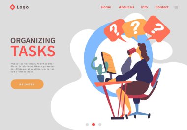 Web sitesi konsepti. Masada oturan, bilgisayarla çalışan, çay ya da kahve içen bir kadın. Yoğun ofis çalışanı kafasının üstünde bir sürü cevapla şaşkına döner. Etkili olarak görevleri düzenlemek, zaman çalışması