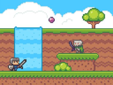 Piksel oyun arayüzü, elementler. 80 'ler grafikleri. Mobil 8bit oyunun kahramanı ya da kişiliği. Kılıçlı pikselli şövalye iskelete top atıyor. Arka planda şelale. Macera oyunu, 2d doku