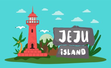 Güney Kore adası Jeju 'nun ana cazibesinin ve yazıtların olduğu pankart. Dağlar, şelaleler, kırmızı fener, botanik bahçesindeki tropikal bitkiler, otlu volkan zirveleri