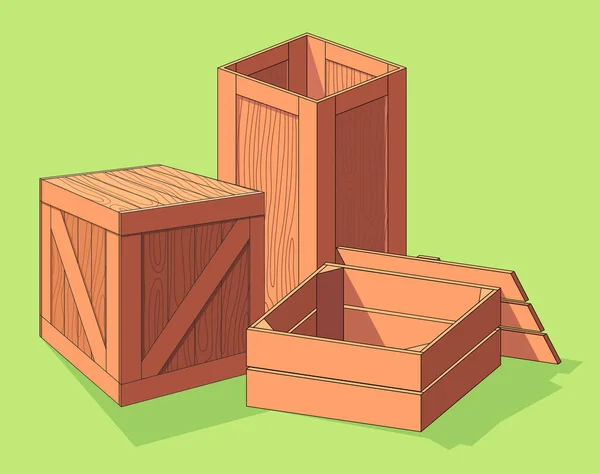 Wooden Box Isometric Vector Set Icon 과일과 야채를 운송하는 서랍과 — 스톡 벡터
