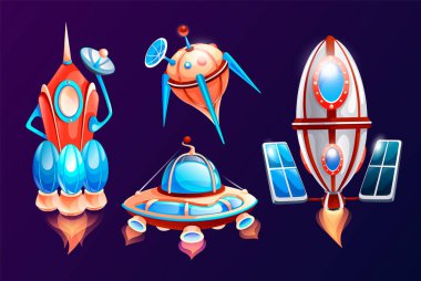 Çizgi film oyunu için uzay ya da kozmos simgeleri. Roket, uydu, uzay gemisi, karanlık arka planda UFO simgeleri. Uzay oyun unsurlarını ayarla ya da topla. Uzay teması, galaksi konsepti. Renkli vektör simgeleri