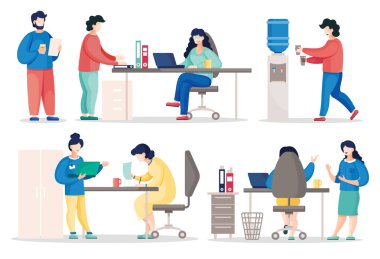 Ofiste çalışan meşgul iş adamlarının düz vektörü. İş sırasında iş arkadaşları iletişim kuruyor. İş ekibi analiz projesi ve planlama stratejisi. Takım çalışması beyin fırtınası. Ekip ortak çalışma yeri