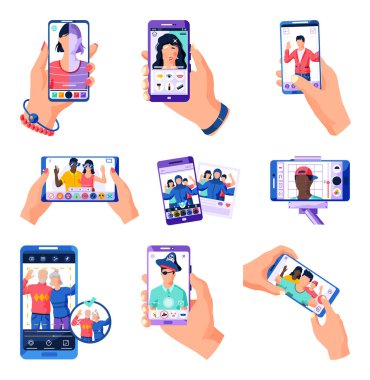 İnsanlar özçekim kültürü, sosyal ağ, oto-portre, popülerlik kavramı olarak akıllı telefonlu selfie çekiyorlar. Violet Palet. El ele tutuşan telefon ile mobil UI uygulama arayüzü şablonu