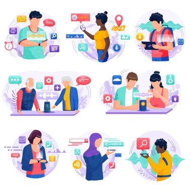 İnsanlar telefonları için ses kontrolünü kullanıyor. Karakter ve telefonla uzaktan kumandalı ses illüstrasyonunu izole ettim. Dijital işaretli ses asistanı sahneleri ile temassız mobil aygıt denetimi