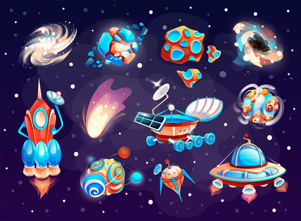 Cartoon Space Icons Dark Cosmos Background Space Elements Planets Rocket — Stock Vector