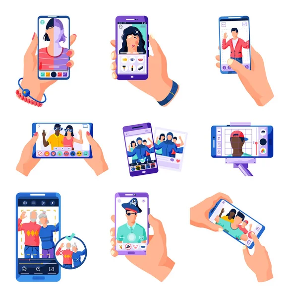 Ludzie Robią Sobie Selfie Pomocą Smartfonów Jako Koncepcję Kultury Selfie — Wektor stockowy