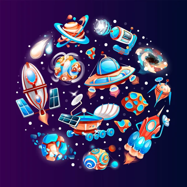 空间游戏要素 外层空间物体的符号和设计元素宇宙飞船 卡通奇幻宇宙人物集 用于游戏设计的空间物体 矢量空间图解 — 图库矢量图片