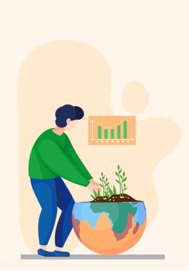 İklim fabrikasını değiştir. Bir adam elinde bir filiz tutar, doğanın saflığıyla ilgilenir. Çevre koruma, yeşil enerjili temiz gezegen. Ekolojik kavram insanlar dünyayı önemsiyor.