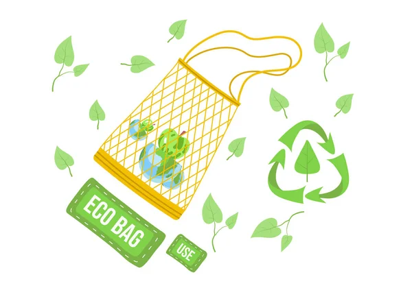 Fabric Transparent Mesh Bag Globe Zero Waste Collection Eco Concept — Stock Vector