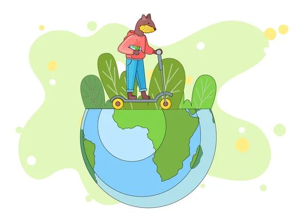 Lovely Cute Beaver Schoolboy Half Globe Hands Riding Scooter Layout — Stock Vector