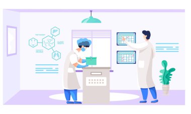 Kadın bir araştırmacı bilinmeyen bir maddeyle bir konteynırı açıyor. Sanayi konsepti. Güvenlik ve sağlık. Maskeli karakterler. Adam takvime not alıyor. Laboratuvarda beyaz önlüklü insanlar var.