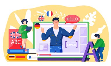 Çevrimiçi internet dili kursları düz vektör illüstrasyonudur. Evde bilgisayar kullanarak yabancı dil eğitimi. Erkek öğretmen ders veriyor. Mesaj kutusu, kitap, defter, masada Avrupa bayrakları.
