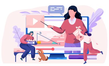 Evcil hayvan sahipleri için video blogu, köpek bakımı ve besleme hakkında eğitim, köpek yavruları için diyet yemeği. Bilgisayar ekranındaki kadın hayvan beslenme uzmanı evcil köpeğe yemek hakkında ders veriyor.