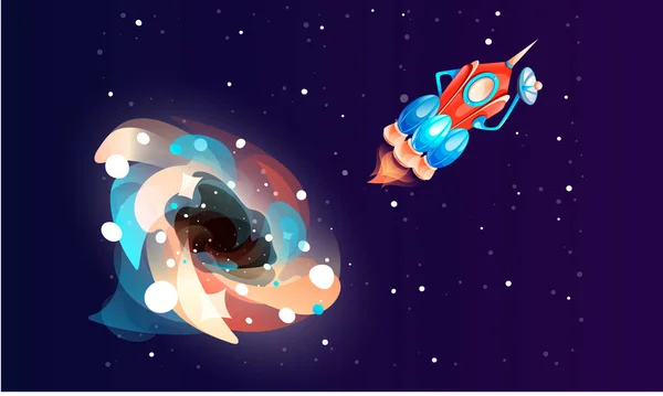 宇宙船と暗い青の背景に宇宙の要素の周りの色鮮やかな輝き 宇宙ゲームの要素 漫画の発光宇宙物体 彗星は宇宙空間の背景に飛んでいきます — ストックベクタ