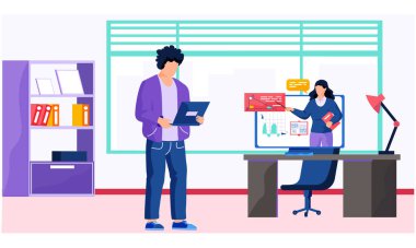 Kadın öğretmen bir ders veriyor. Odada duran bir erkek öğrenci için mesafe dersi veriyor. Çevrimiçi internet matematik kursları düz vektör çizimi. Bilgisayar kullanarak evde matematik öğrenimi