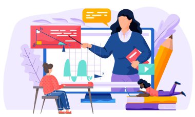 Bir kız internette okuldaki geometri dersinde iletişim kuruyor ve cevap vermeye hazırlanıyor. Bilgisayar ekranındaki öğretmen yeni konuyu açıklıyor. Matematik videolu bir monitör. Geometri öğrenimi