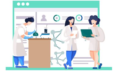 Laboratuvar önlüklü kız elinde bilinmeyen bir maddeyle bir şişe tutuyor. Kadın çalışıyor ve dizüstü bilgisayarla serbest çalışıyor. Kimyager araştırma sürecini izliyor. Bir sıvının test tüpündeki ağırlığını ölçmek