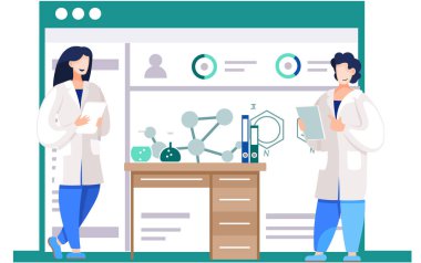 Kimyasal deneyler. Kimyagerler süreci izliyor. Posterdeki molekül modeli. Bilim adamları araştırma sonuçlarını kaydediyor. Çalışırken iletişim kuran ve araştırma yapan bir grup insan.