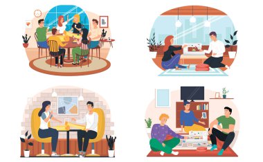 Moda tasarımcıları ekibi çizimin yanındaki masada oturuyor ve mankenler hakkında tartışıyorlar. Bir grup erkek ve kadın kağıt rulolarını tartışırken eğleniyor. Modern prodüksiyon toplantısı