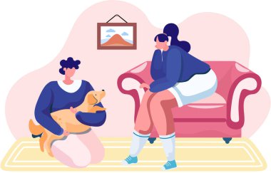 Kadın ve erkek evcil hayvan sahipleri köpekle oturup, bir köpek yavrusuyla rüya görüyorlar. Karakter, bir hayvanı kollarında tutuyor ve ona sarılıyor. Evcil hayvanlarıyla birlikte genç bir aile. Yumuşak köpeğinin sahibi.