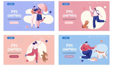Hayvan sahipleri iniş sayfası şablonu. Mutlu insanlar dört sahneli evcil hayvan setleriyle oynuyorlar, yavru köpek eğitiyorlar, küçük arkadaşlarıyla yürüyorlar. İnsanlar boş vakitlerinde kedi ve köpeklerle vakit geçirirler.