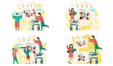 Veri analizi ekip çalışması sahneleri ayarlandı. Analistlerden oluşan bir ekip bir toplantı yapar, finansal performans analizi ve girişimin diyagramlarına dayalı bir pazarlama stratejisi geliştirir. İş adamları beyin fırtınası yapıyor.