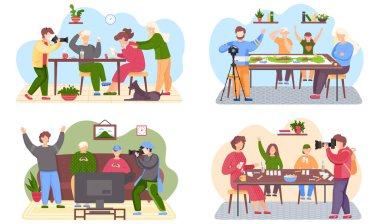 Fotoğraf çeken adamla ilgili bir dizi çizim. Bir ailenin bir dairede vakit geçirmesini filme almak. Adamlar ellerinde av köpekleri ile kanepede oturuyorlar. Masa oyunları oynayan insanlar