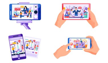 Çevrimiçi eğitim, akıllı telefonlu e-öğrenme, uzaktan eğitim alan öğrencilerin sahneleri. Farklı insanlar dizüstü bilgisayarlarda veya telefonlarda video dersleri izleyen kadın ve erkekler, modern bilgi teknolojileri