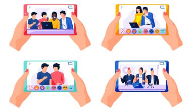 Kızın yayını telefonundan izlediği bir dizi fotoğraf. Bir adam ve bir kadın dizüstü bilgisayarla oturup konuşuyorlar. Bir kız canlı yayın vektörü illüstrasyonunda farklı tepkiler verebilir.